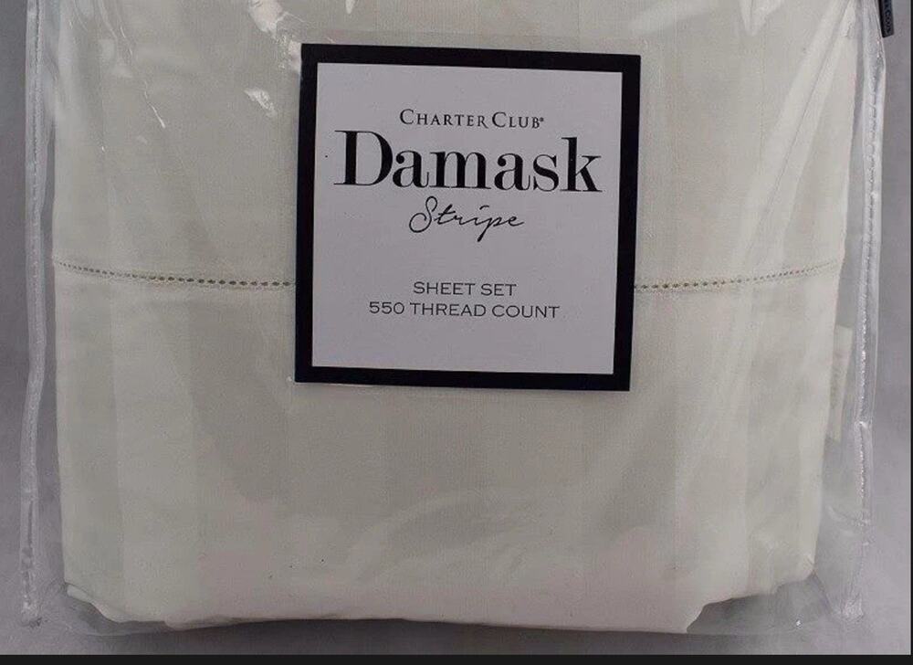 Charter Club Damask Stripe 550 TC KING Fitted Sheet & Cases Natural